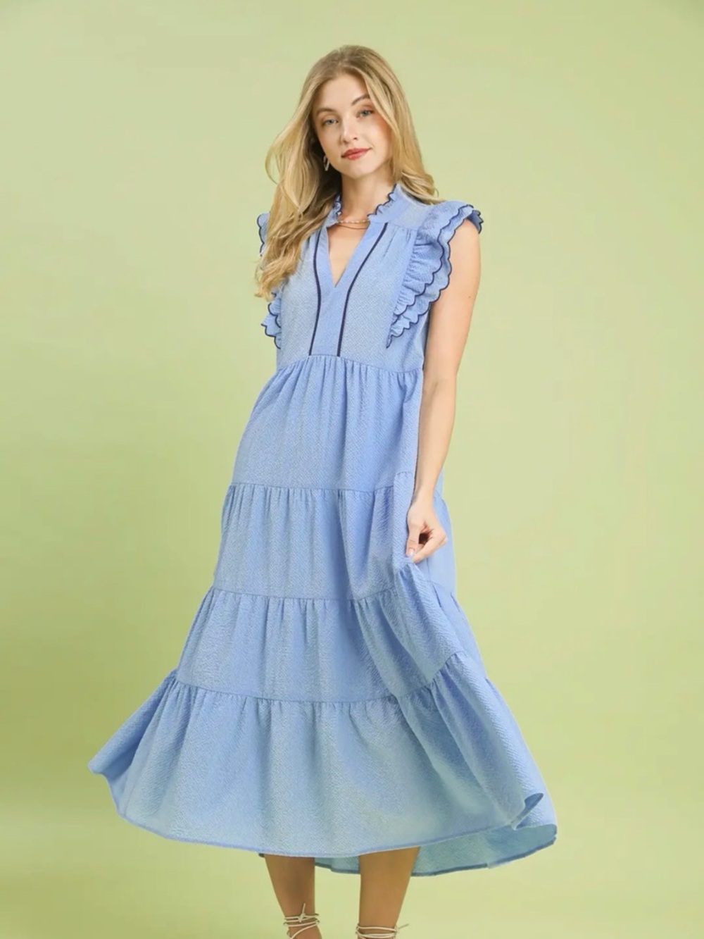 🩵Hello Gorgeous! Umgee Seersucker Ruffle Sleeve Tiered Midi Dress- Sky Blue